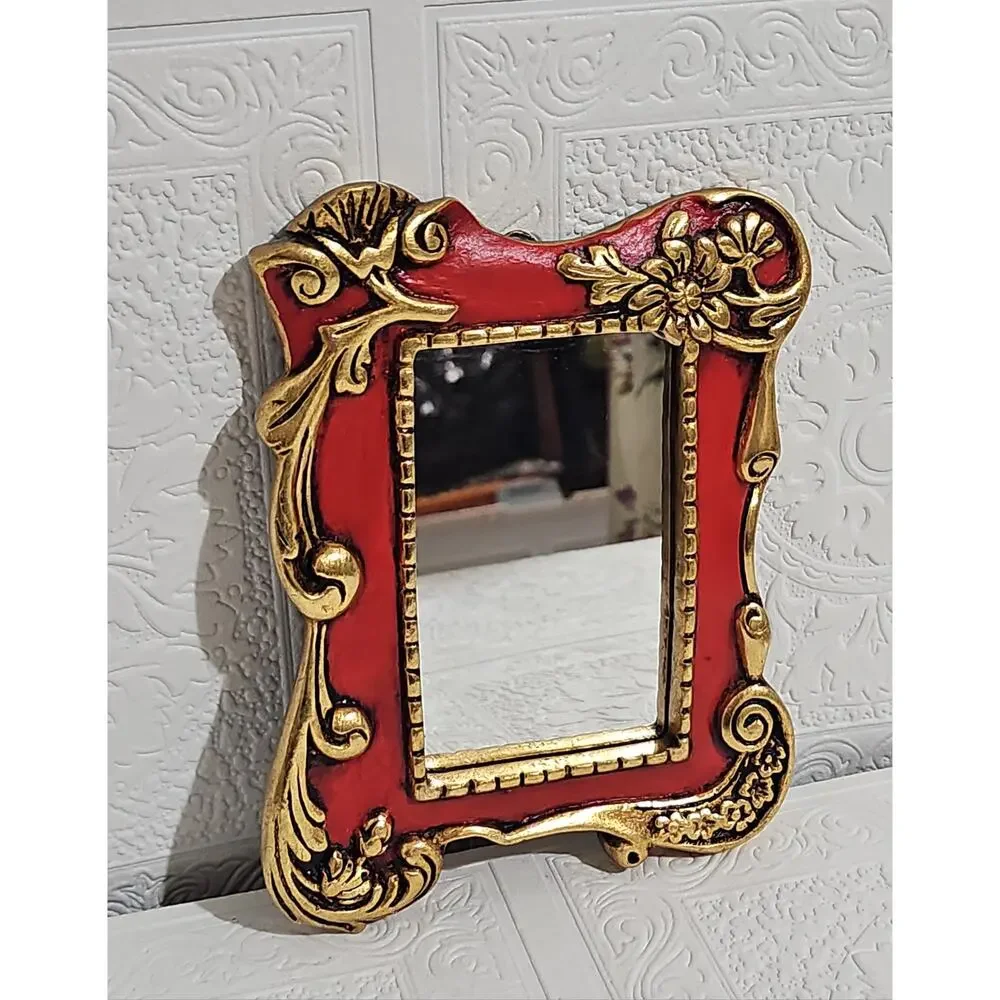 Vintage Red and Gold Ornate Accent Mirror Wall Hanging Scroll Accent Floral
